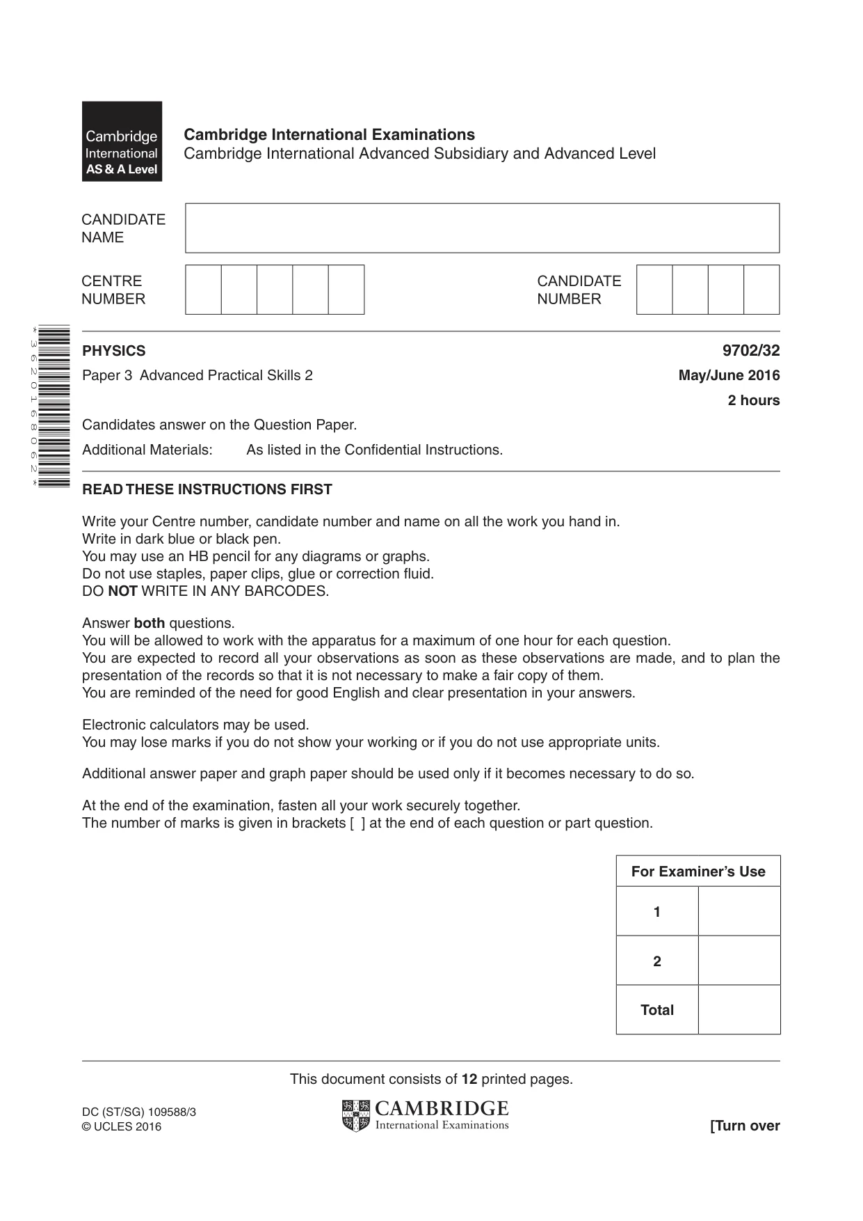 Cambridge A Level Physics 9702 2016 May/June Paper 3 · Variant 2 question paper, page 1 of 12