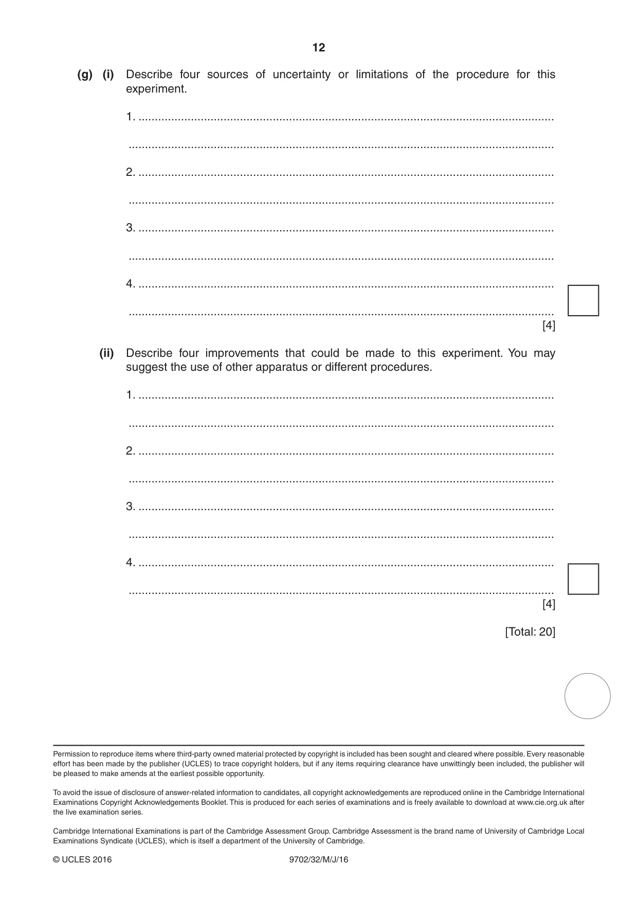 Cambridge A Level Physics 9702 2016 May/June Paper 3 · Variant 2 question paper, page 12 of 12