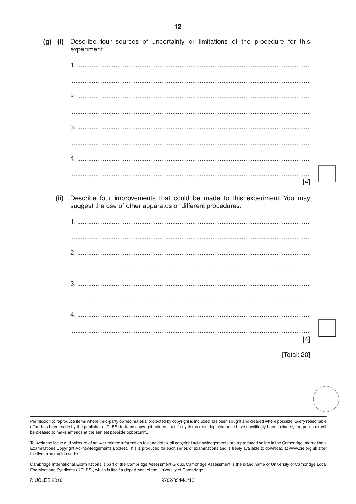 Cambridge A Level Physics 9702 2016 May/June Paper 3 · Variant 3 question paper, page 12 of 12