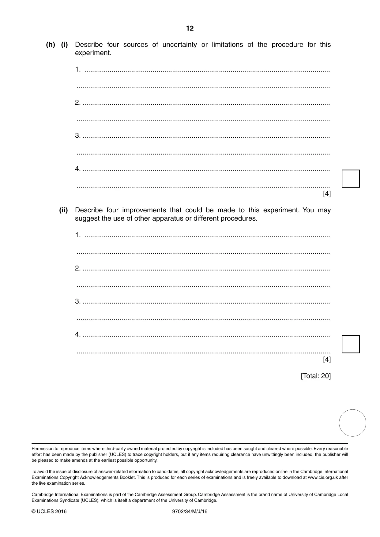 Cambridge A Level Physics 9702 2016 May/June Paper 3 · Variant 4 question paper, page 12 of 12
