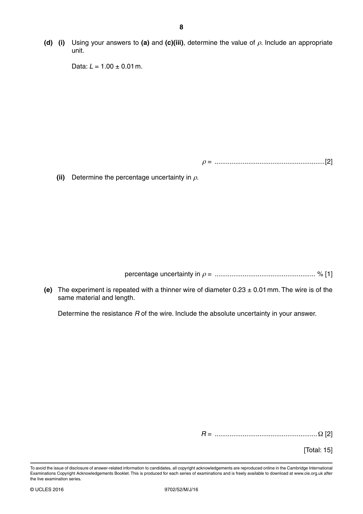 Cambridge A Level Physics 9702 2016 May/June Paper 5 · Variant 2 question paper, page 8 of 8