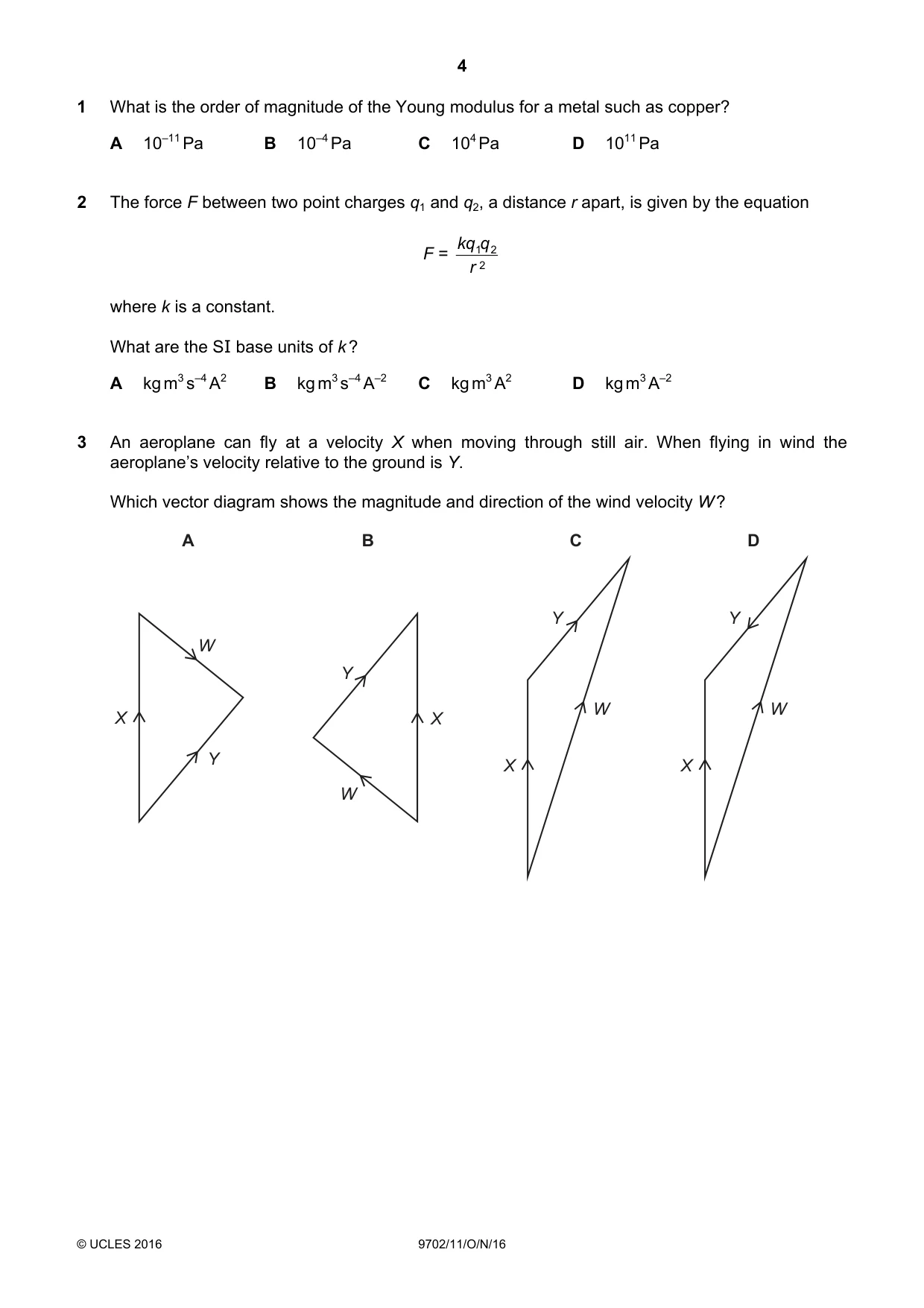 Cambridge A Level Physics 9702 2016 Oct/Nov Paper 1 · Variant 1 question paper, page 4 of 20