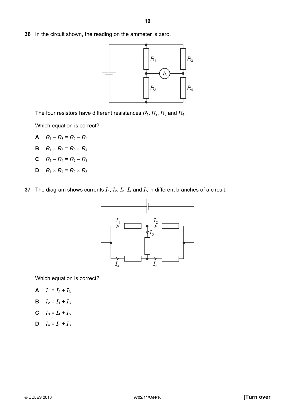 Cambridge A Level Physics 9702 2016 Oct/Nov Paper 1 · Variant 1 question paper, page 19 of 20