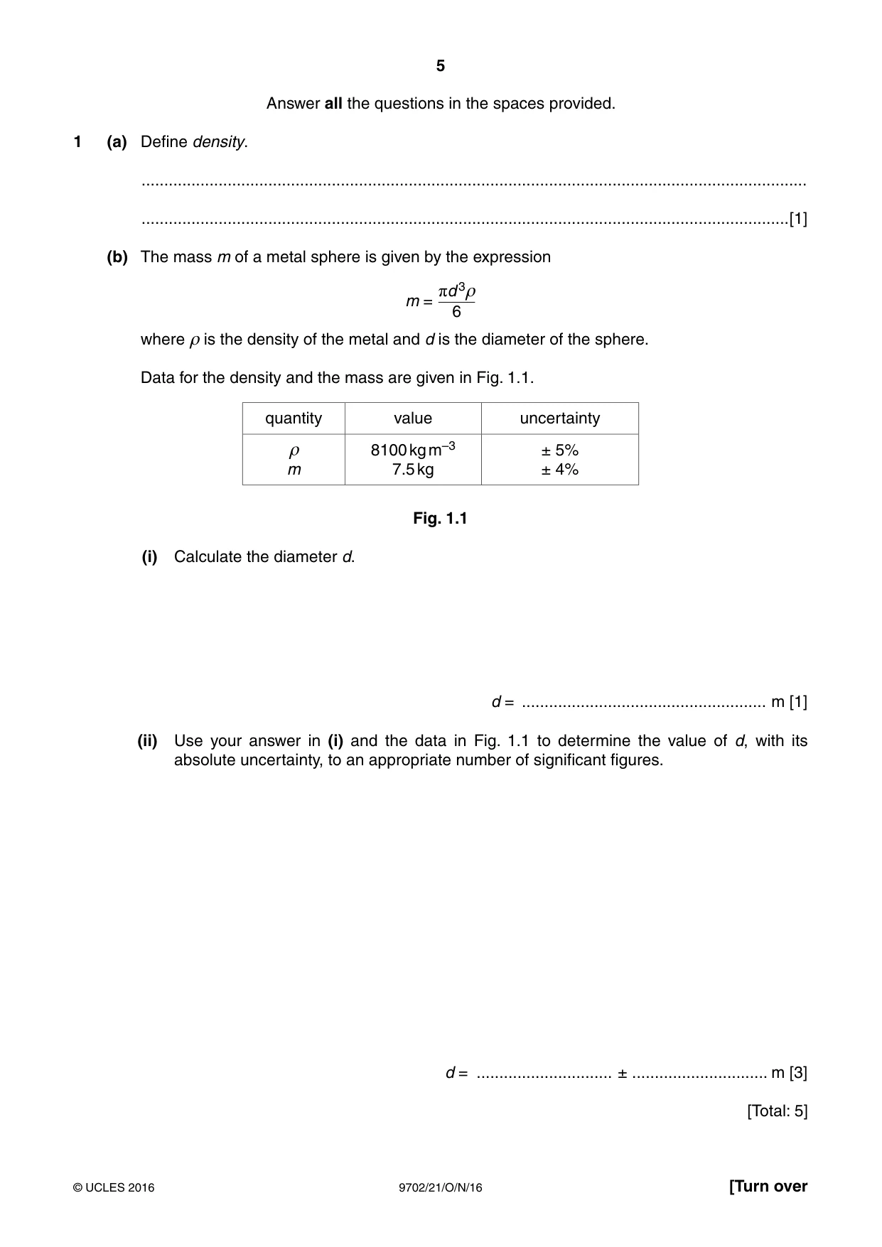 Cambridge A Level Physics 9702 2016 Oct/Nov Paper 2 · Variant 1 question paper, page 5 of 16