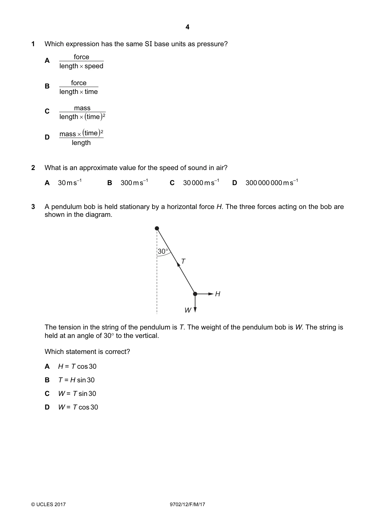 Cambridge A Level Physics 9702 2017 Feb/March Paper 1 · Variant 2 question paper, page 4 of 20