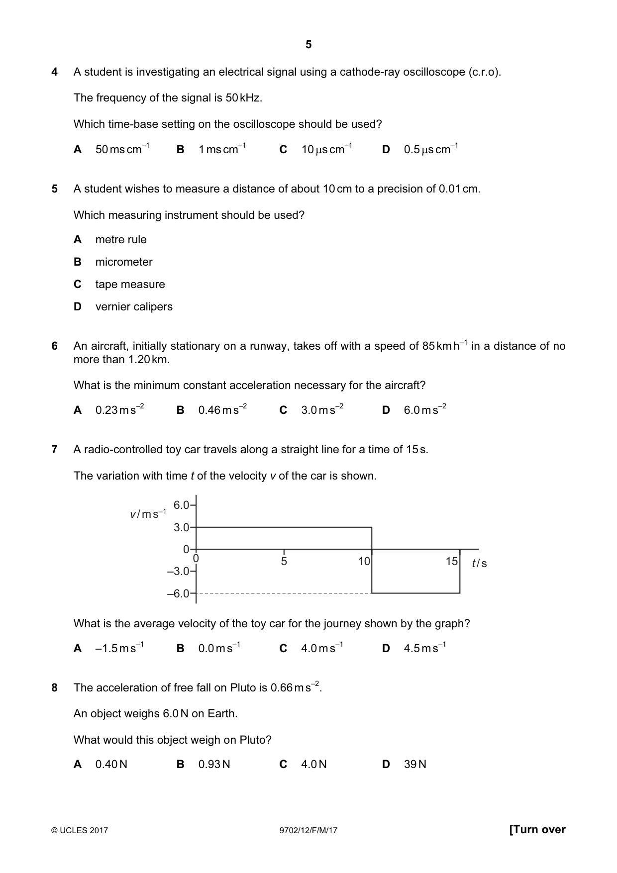 Cambridge A Level Physics 9702 2017 Feb/March Paper 1 · Variant 2 question paper, page 5 of 20