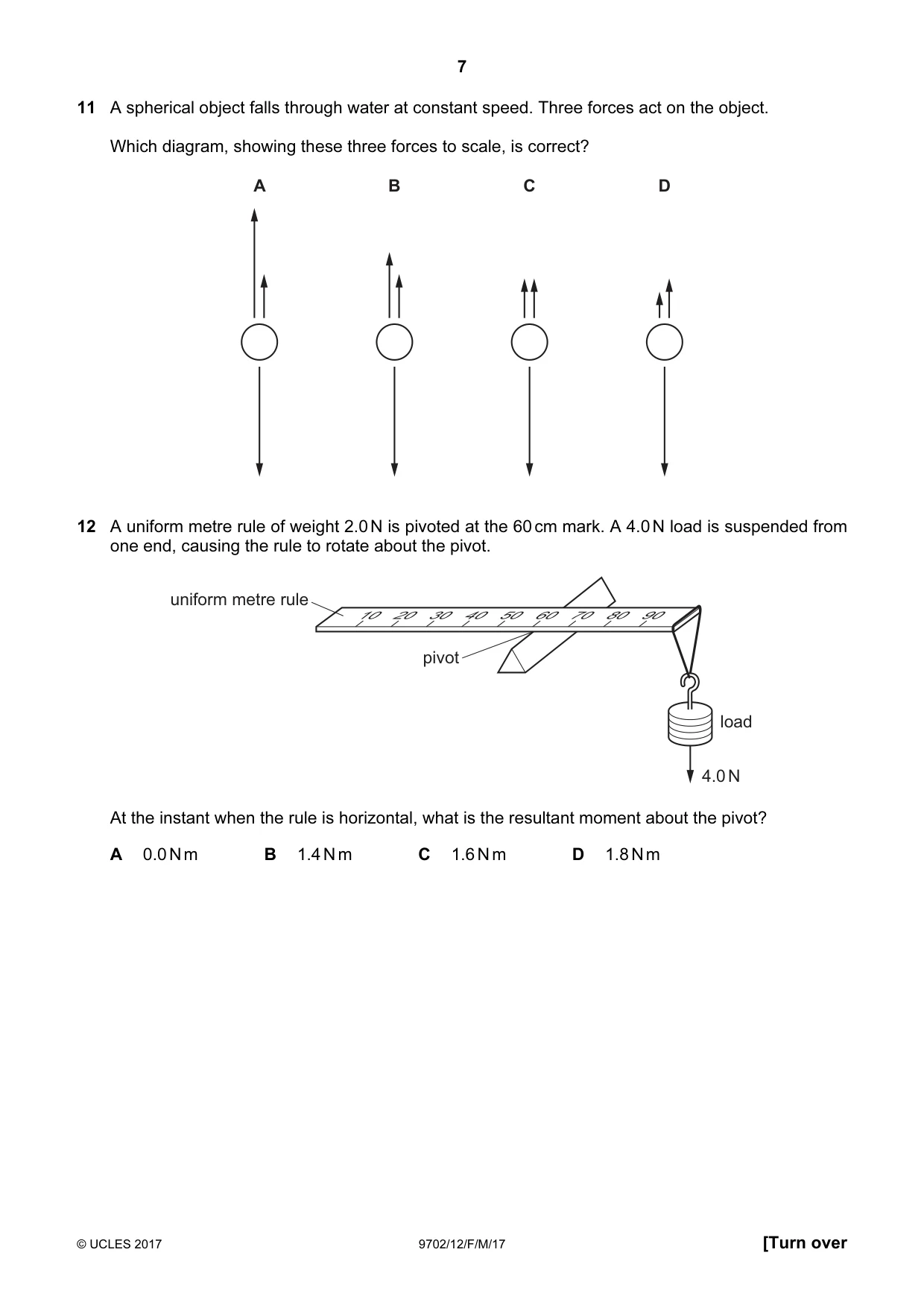 Cambridge A Level Physics 9702 2017 Feb/March Paper 1 · Variant 2 question paper, page 7 of 20
