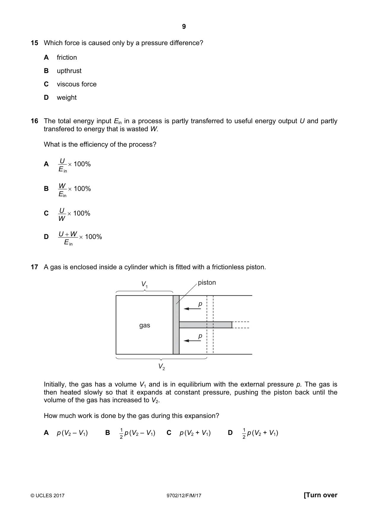Cambridge A Level Physics 9702 2017 Feb/March Paper 1 · Variant 2 question paper, page 9 of 20