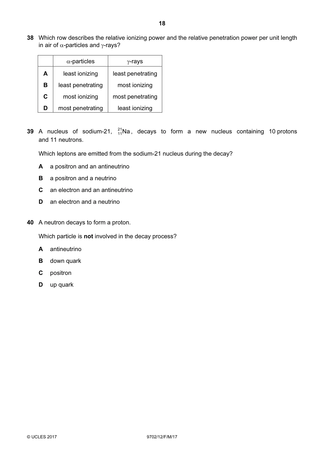 Cambridge A Level Physics 9702 2017 Feb/March Paper 1 · Variant 2 question paper, page 18 of 20