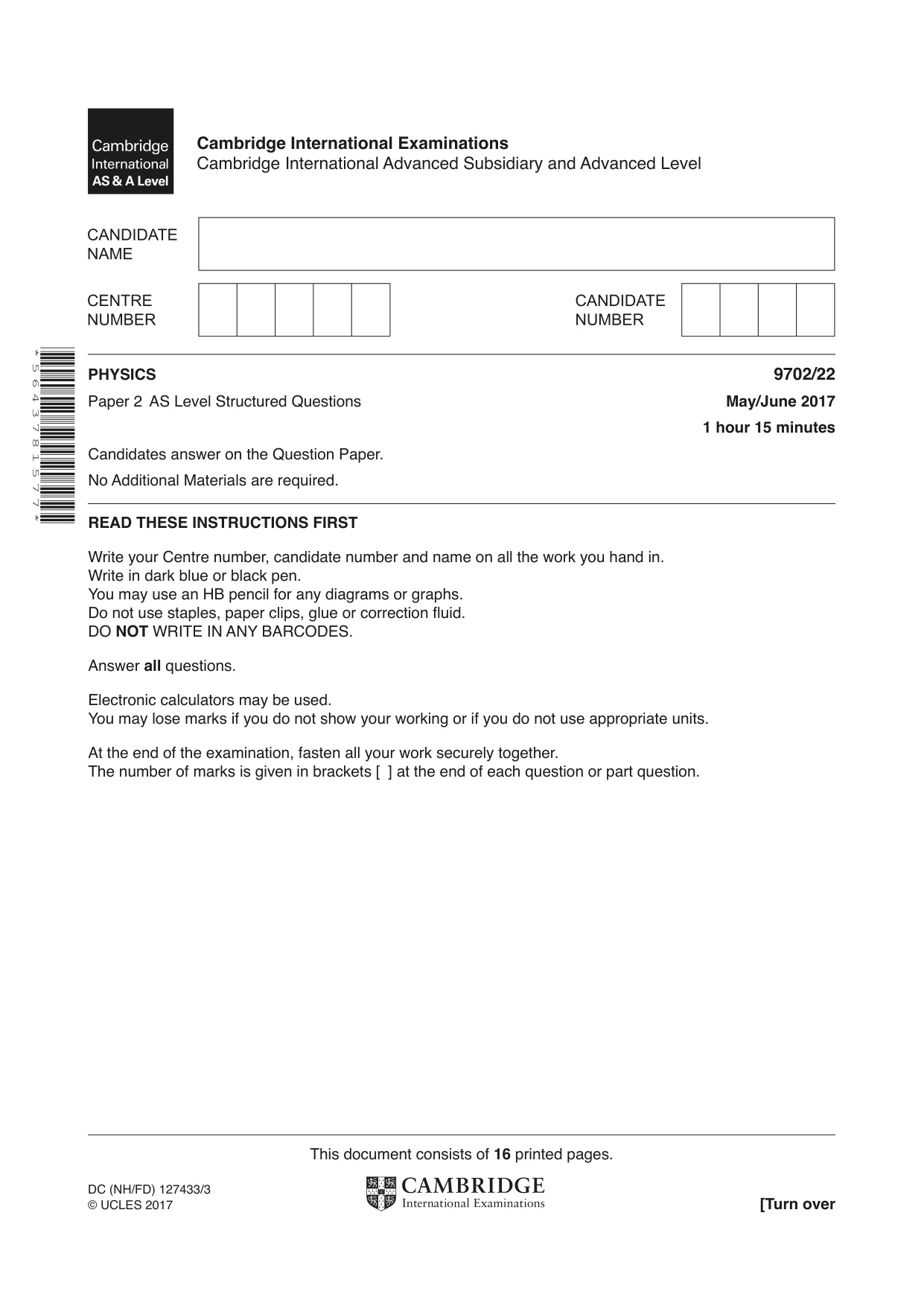Cambridge A Level Physics 9702 2017 May/June Paper 2 · Variant 2 question paper, page 1 of 16