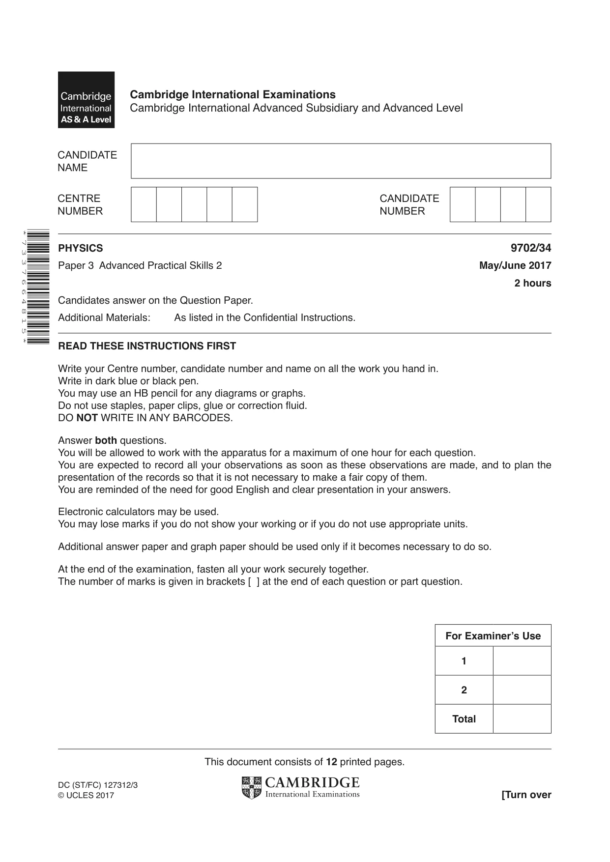Cambridge A Level Physics 9702 2017 May/June Paper 3 · Variant 4 question paper, page 1 of 12