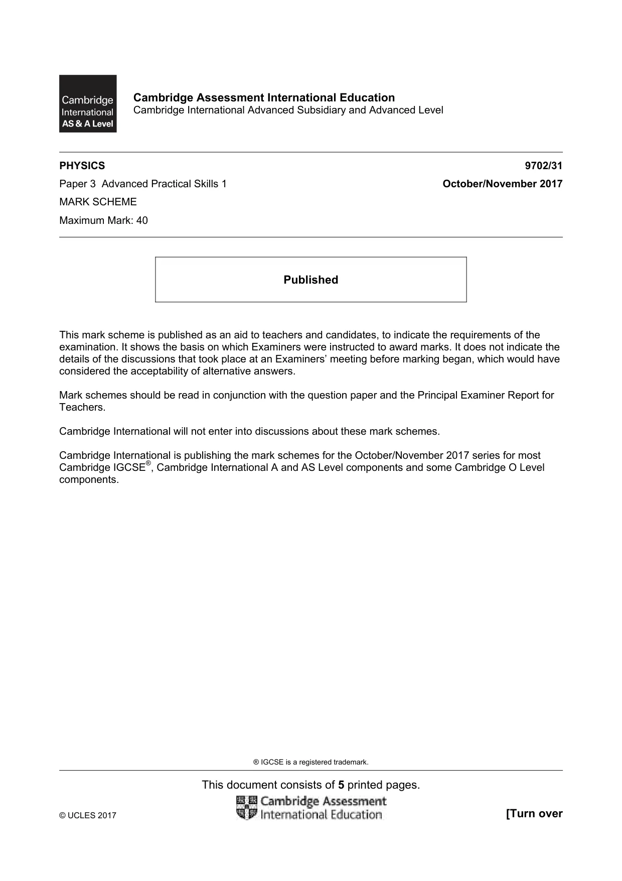 Mark scheme, page 1 of 5