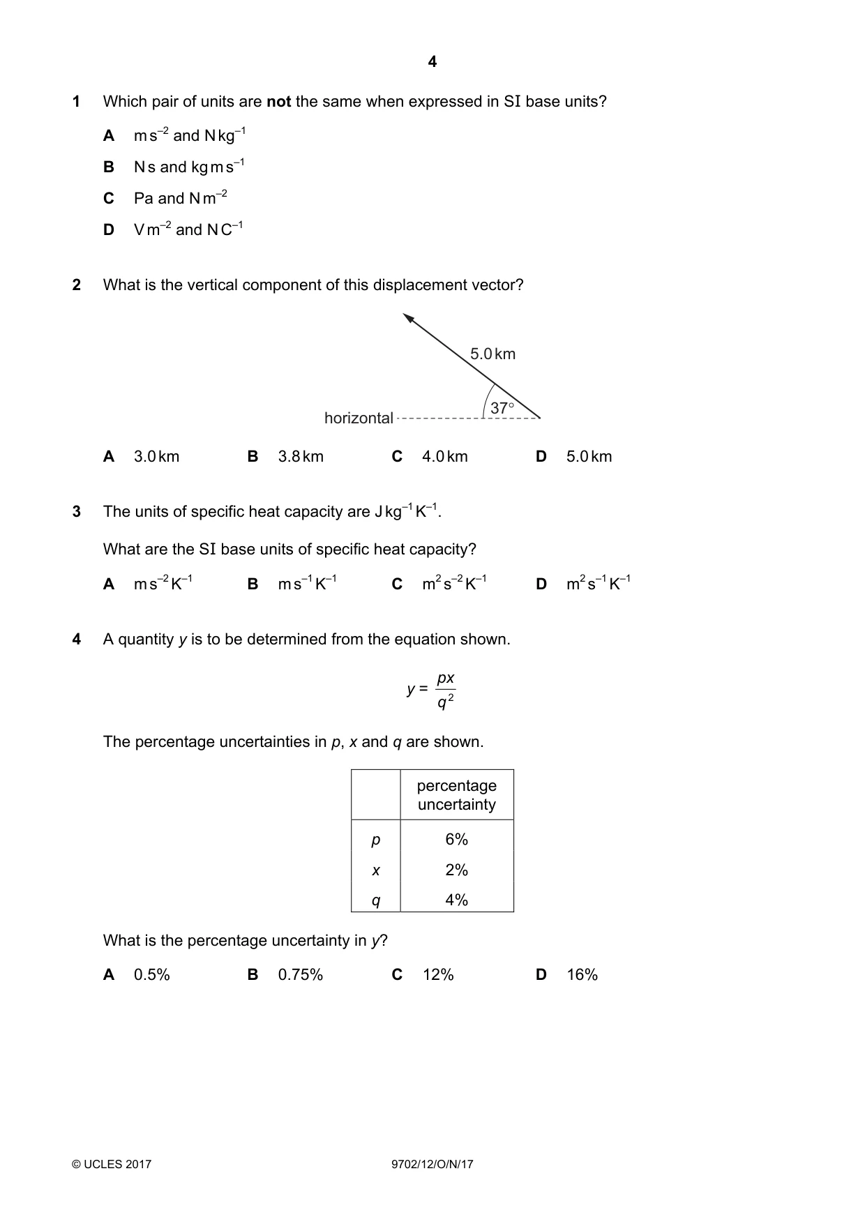 Cambridge A Level Physics 9702 2017 Oct/Nov Paper 1 · Variant 2 question paper, page 4 of 20