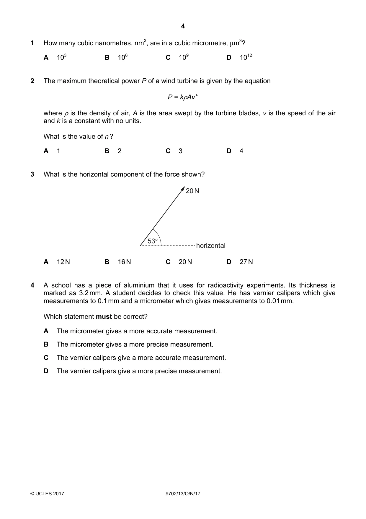 Cambridge A Level Physics 9702 2017 Oct/Nov Paper 1 · Variant 3 question paper, page 4 of 20