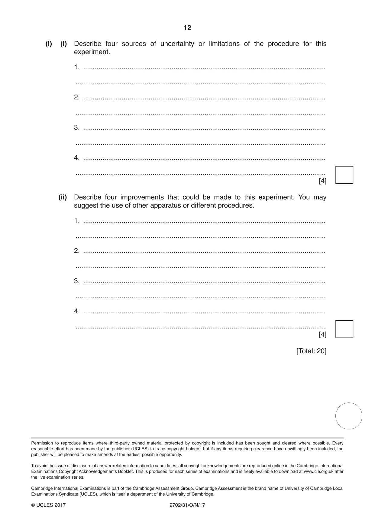 Cambridge A Level Physics 9702 2017 Oct/Nov Paper 3 · Variant 1 question paper, page 12 of 12