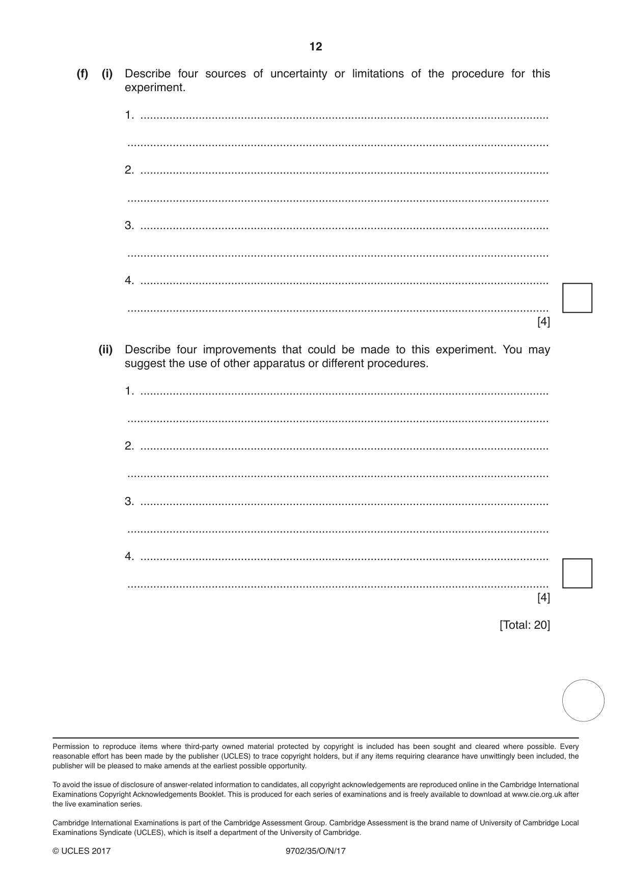 Cambridge A Level Physics 9702 2017 Oct/Nov Paper 3 · Variant 5 question paper, page 12 of 12