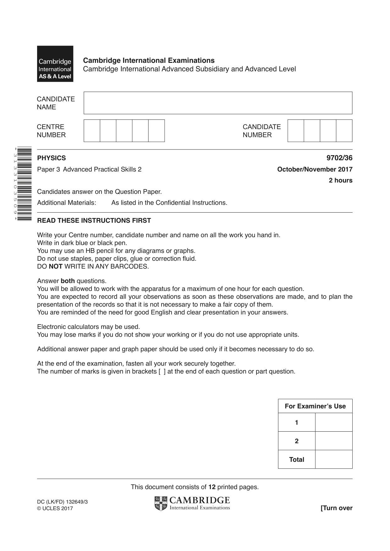 Cambridge A Level Physics 9702 2017 Oct/Nov Paper 3 · Variant 6 question paper, page 1 of 12