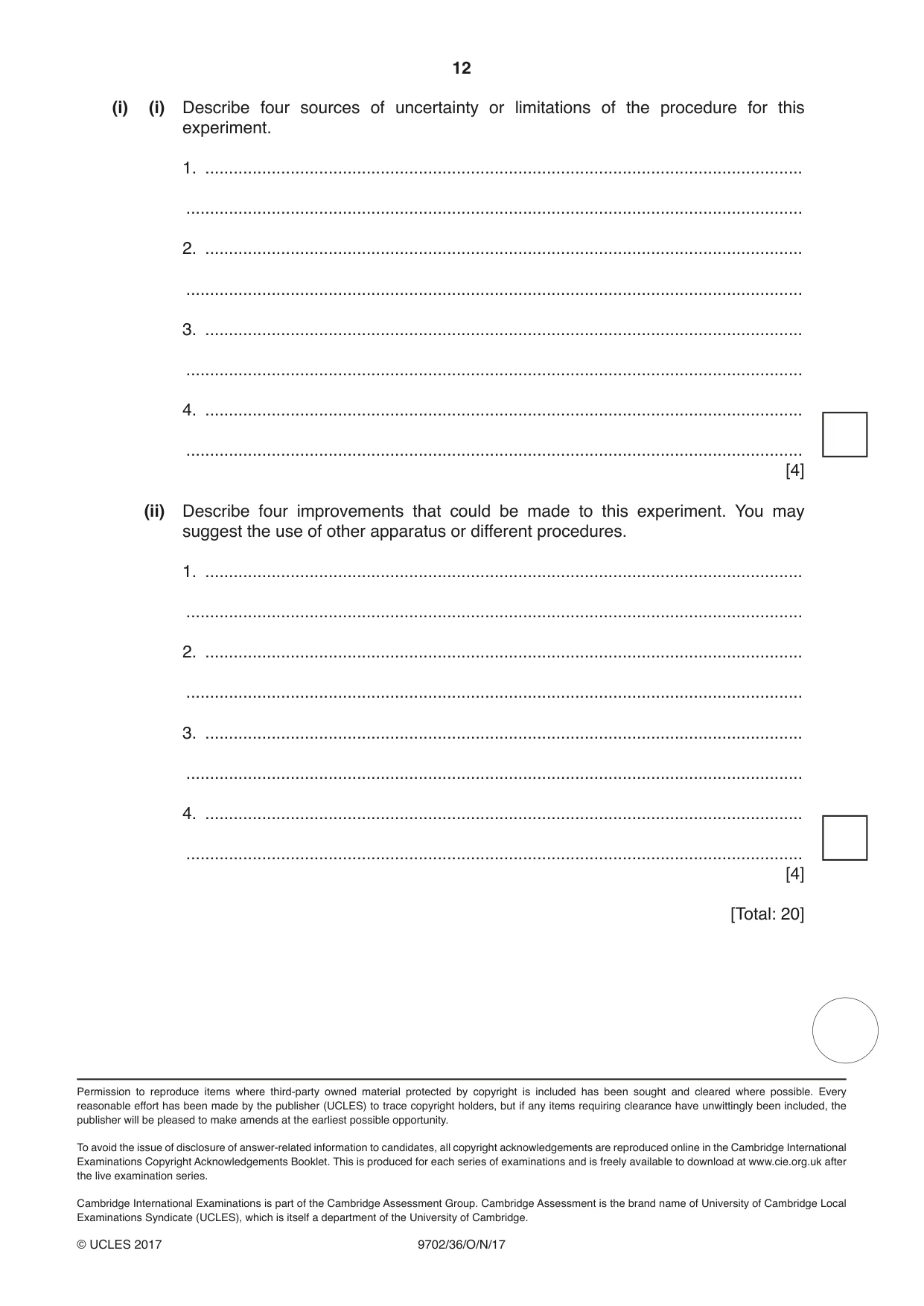Cambridge A Level Physics 9702 2017 Oct/Nov Paper 3 · Variant 6 question paper, page 12 of 12