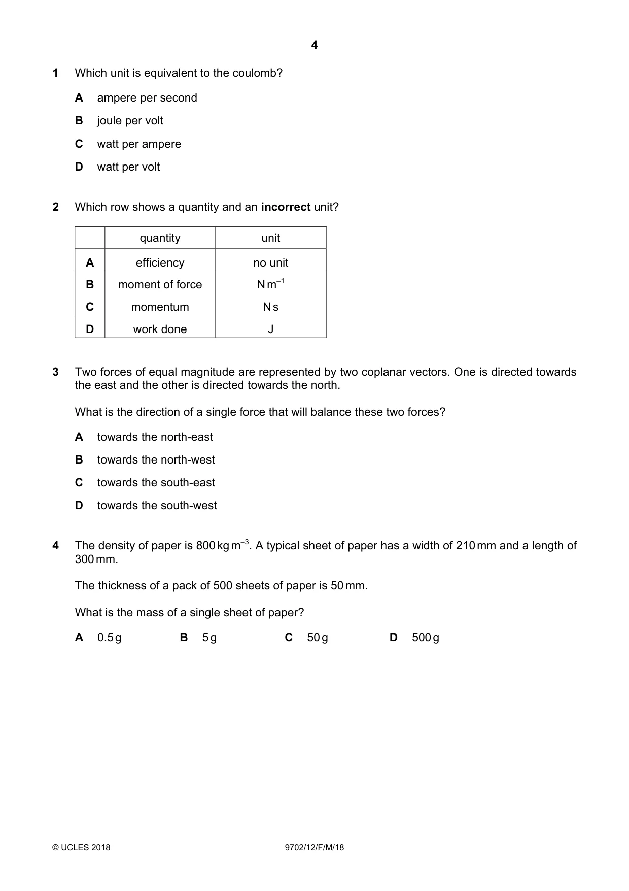 Cambridge A Level Physics 9702 2018 Feb/March Paper 1 · Variant 2 question paper, page 4 of 20