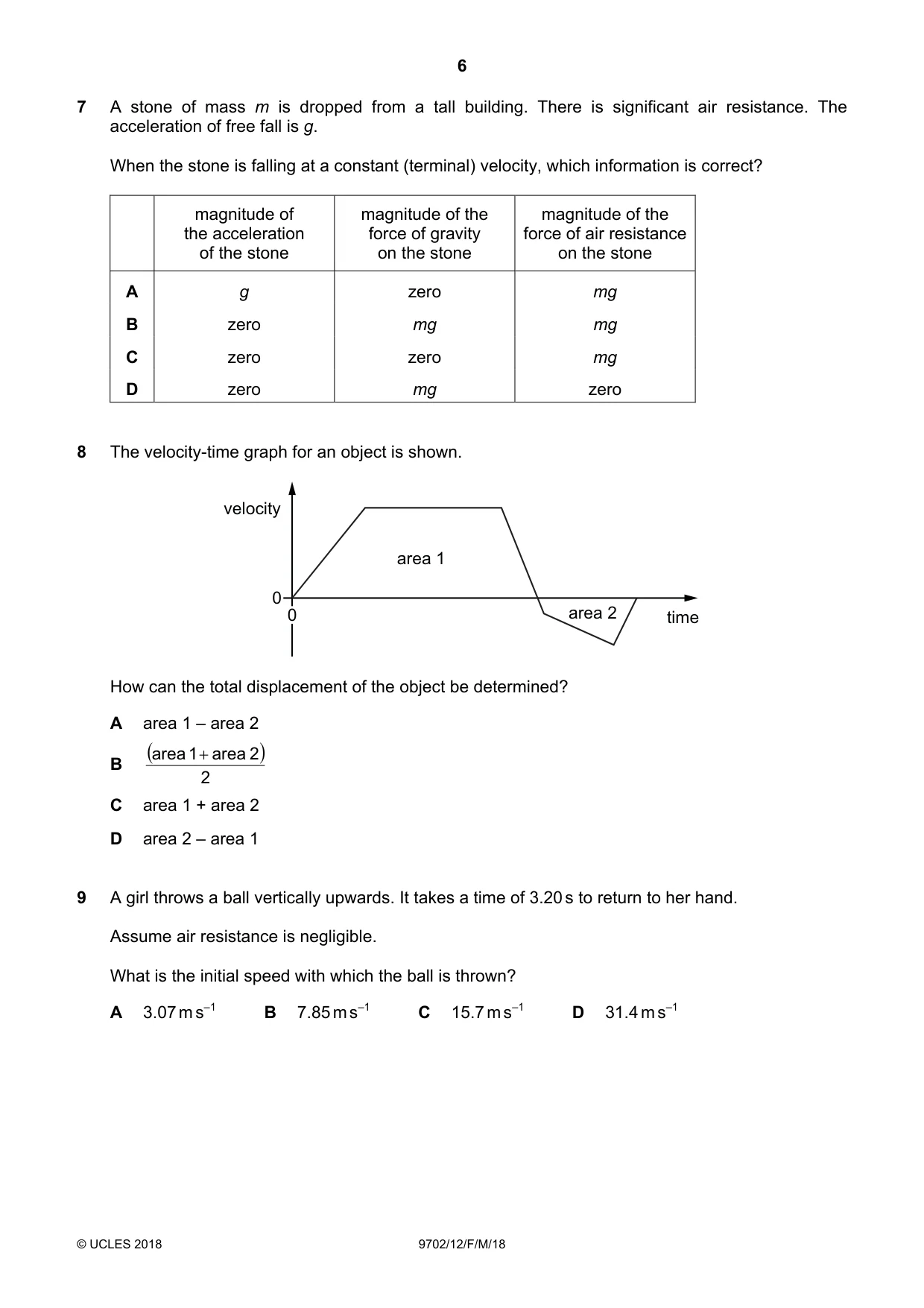 Cambridge A Level Physics 9702 2018 Feb/March Paper 1 · Variant 2 question paper, page 6 of 20