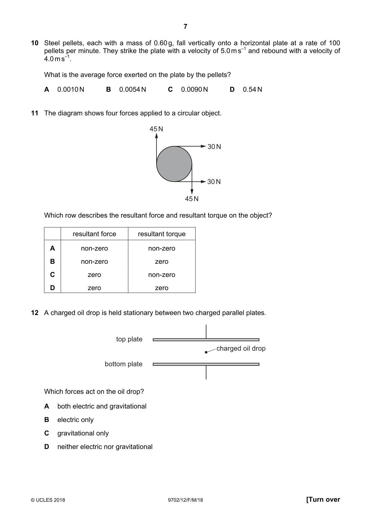 Cambridge A Level Physics 9702 2018 Feb/March Paper 1 · Variant 2 question paper, page 7 of 20