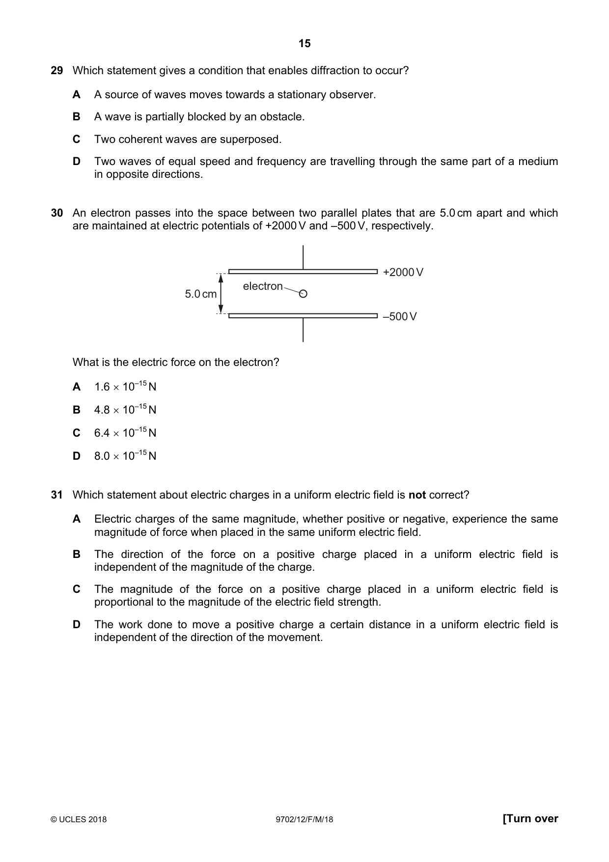 Cambridge A Level Physics 9702 2018 Feb/March Paper 1 · Variant 2 question paper, page 15 of 20