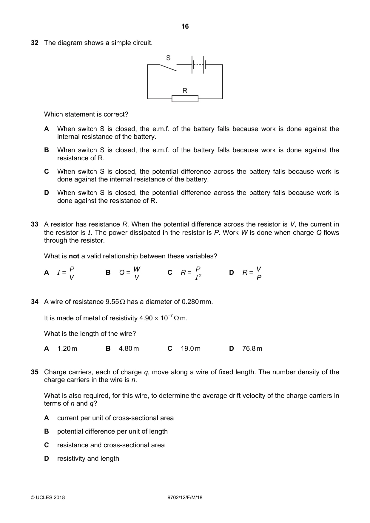 Cambridge A Level Physics 9702 2018 Feb/March Paper 1 · Variant 2 question paper, page 16 of 20