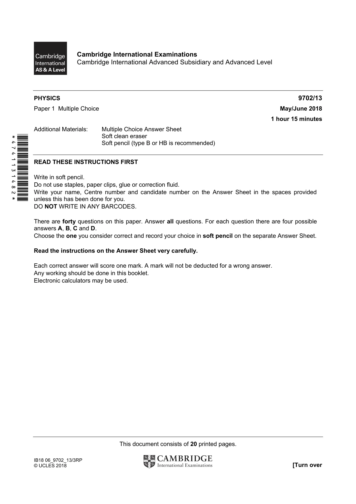 Cambridge A Level Physics 9702 2018 May/June Paper 1 · Variant 3 question paper, page 1 of 20
