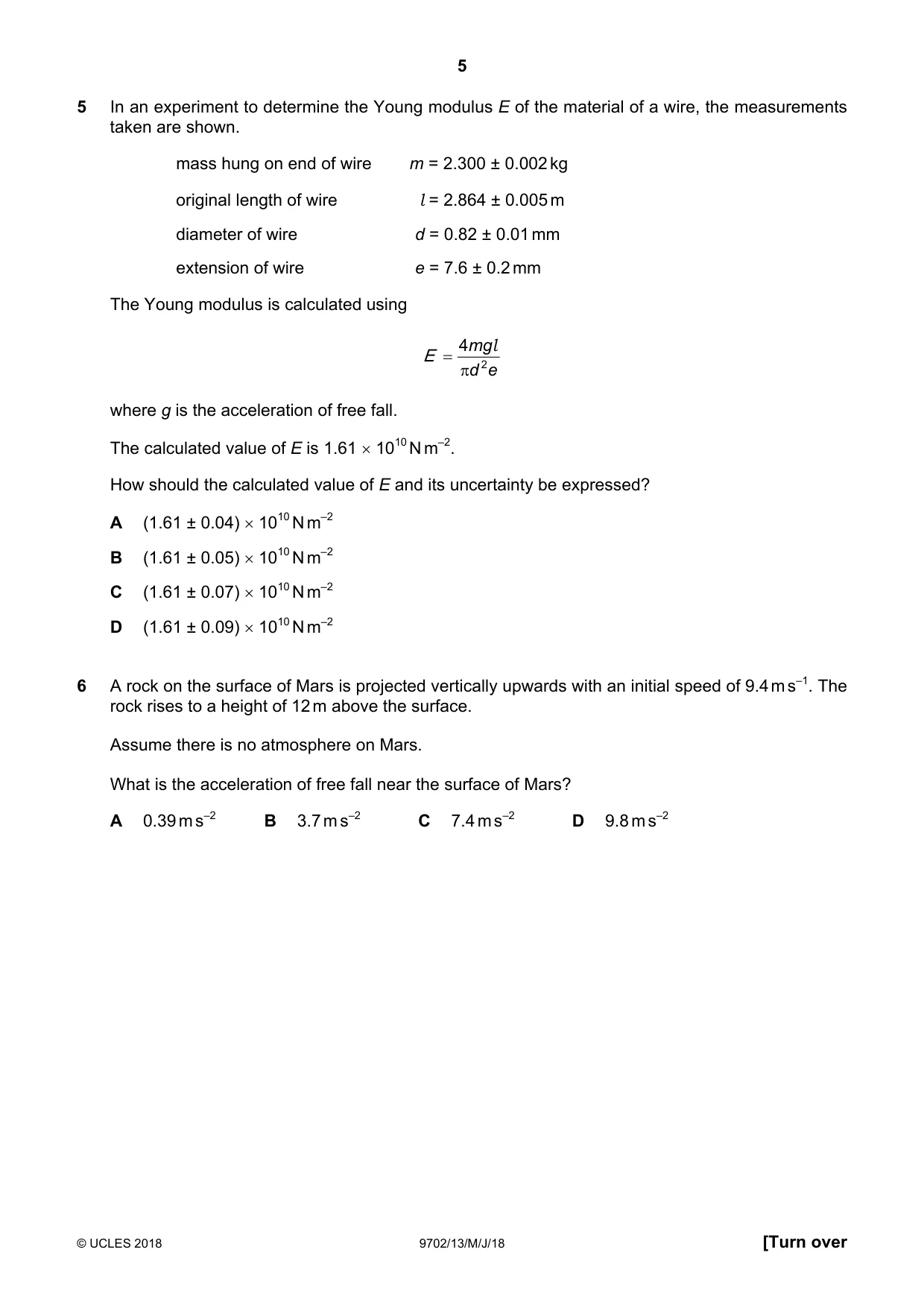 Cambridge A Level Physics 9702 2018 May/June Paper 1 · Variant 3 question paper, page 5 of 20