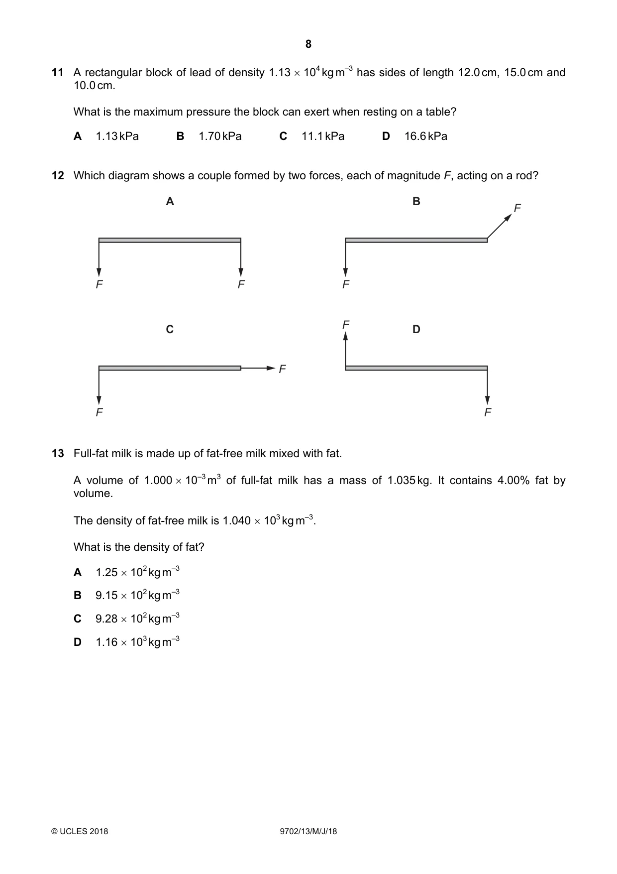 Cambridge A Level Physics 9702 2018 May/June Paper 1 · Variant 3 question paper, page 8 of 20