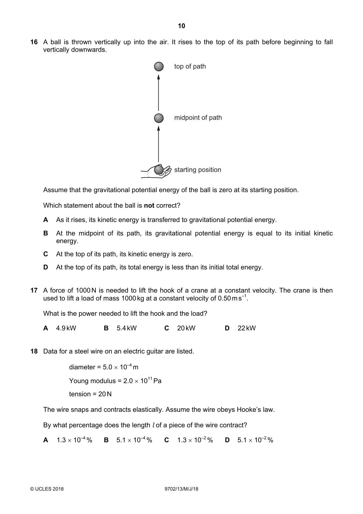 Cambridge A Level Physics 9702 2018 May/June Paper 1 · Variant 3 question paper, page 10 of 20