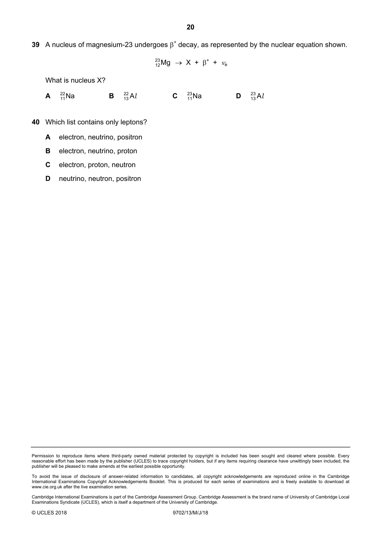 Cambridge A Level Physics 9702 2018 May/June Paper 1 · Variant 3 question paper, page 20 of 20