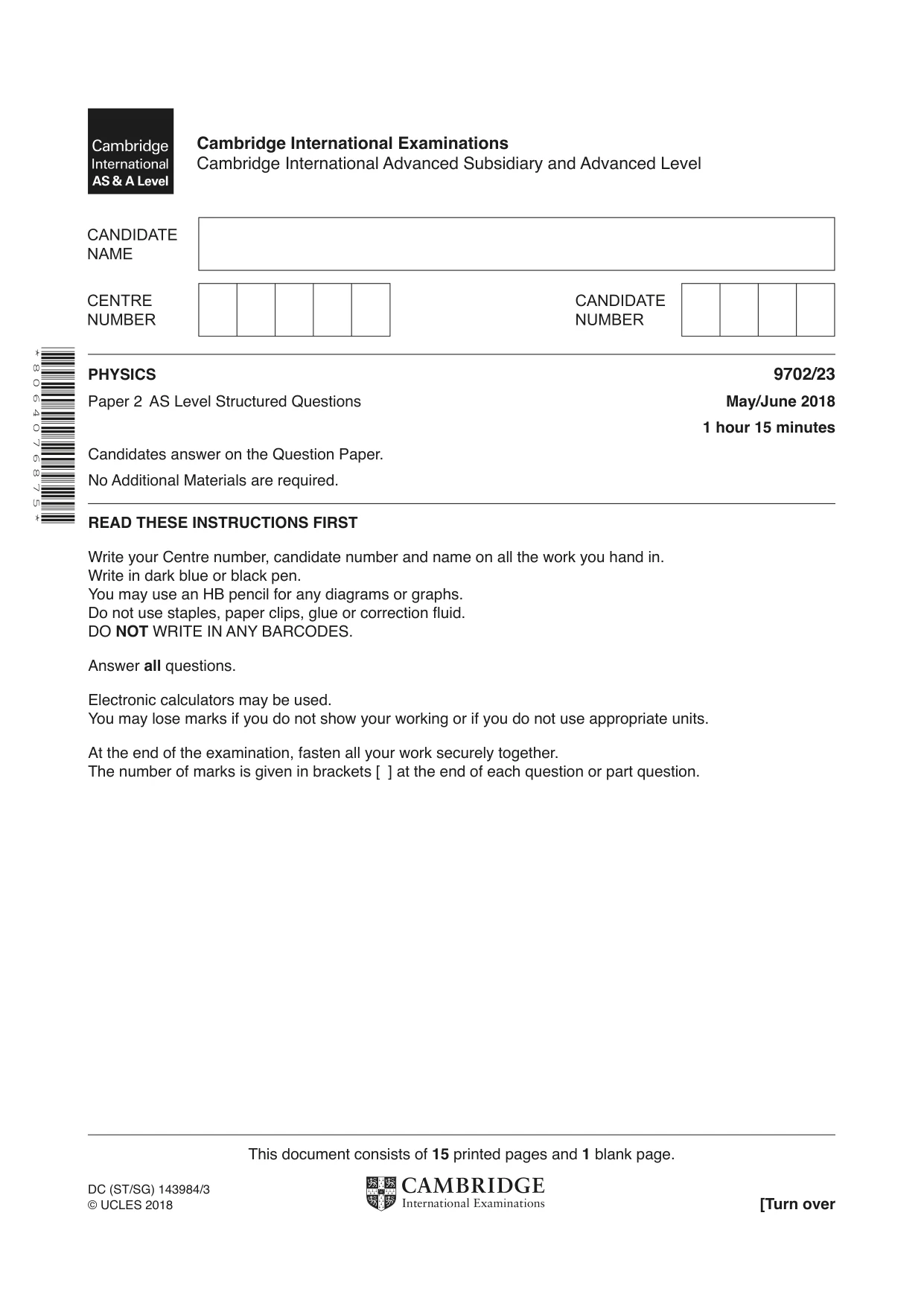 Cambridge A Level Physics 9702 2018 May/June Paper 2 · Variant 3 question paper, page 1 of 16