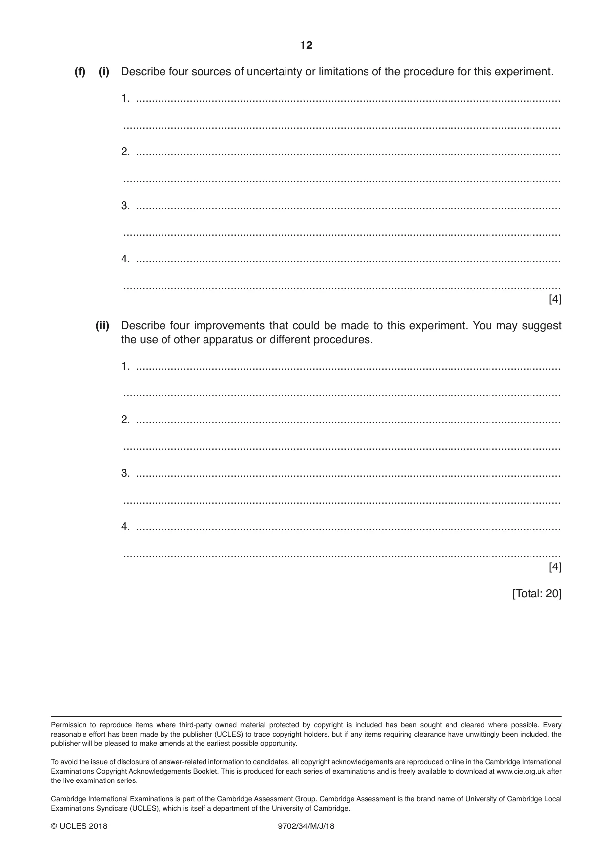 Cambridge A Level Physics 9702 2018 May/June Paper 3 · Variant 4 question paper, page 12 of 12