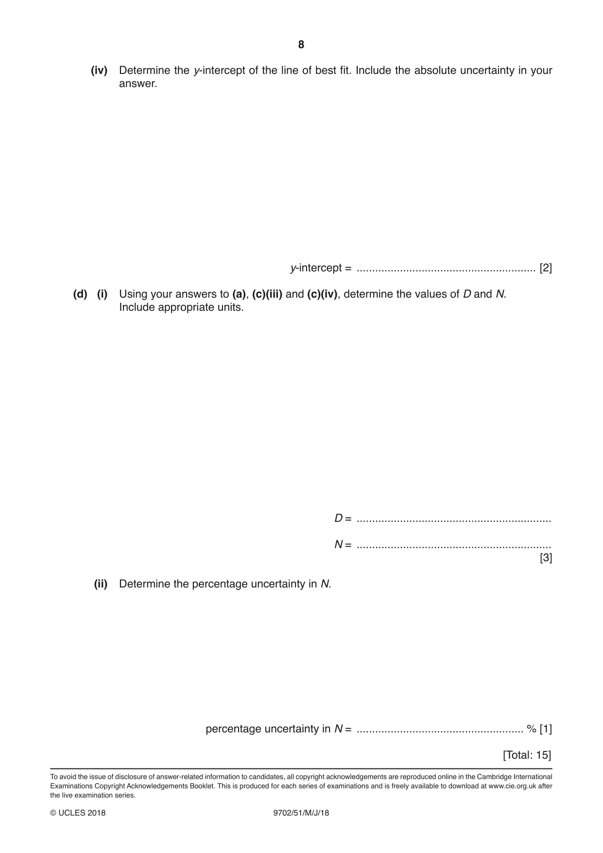 Cambridge A Level Physics 9702 2018 May/June Paper 5 · Variant 1 question paper, page 8 of 8
