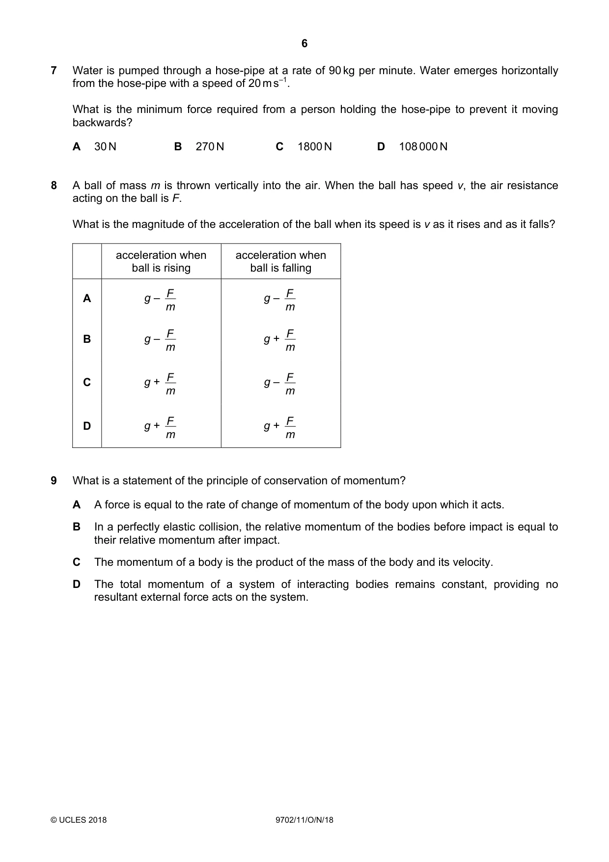 Cambridge A Level Physics 9702 2018 Oct/Nov Paper 1 · Variant 1 question paper, page 6 of 24