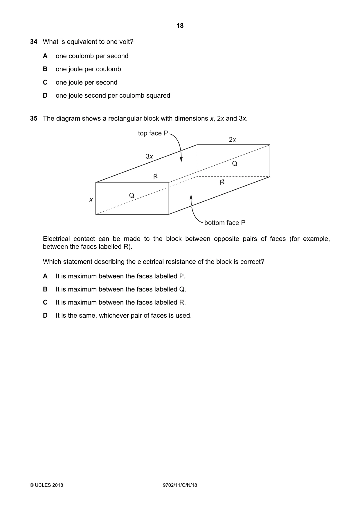 Cambridge A Level Physics 9702 2018 Oct/Nov Paper 1 · Variant 1 question paper, page 18 of 24