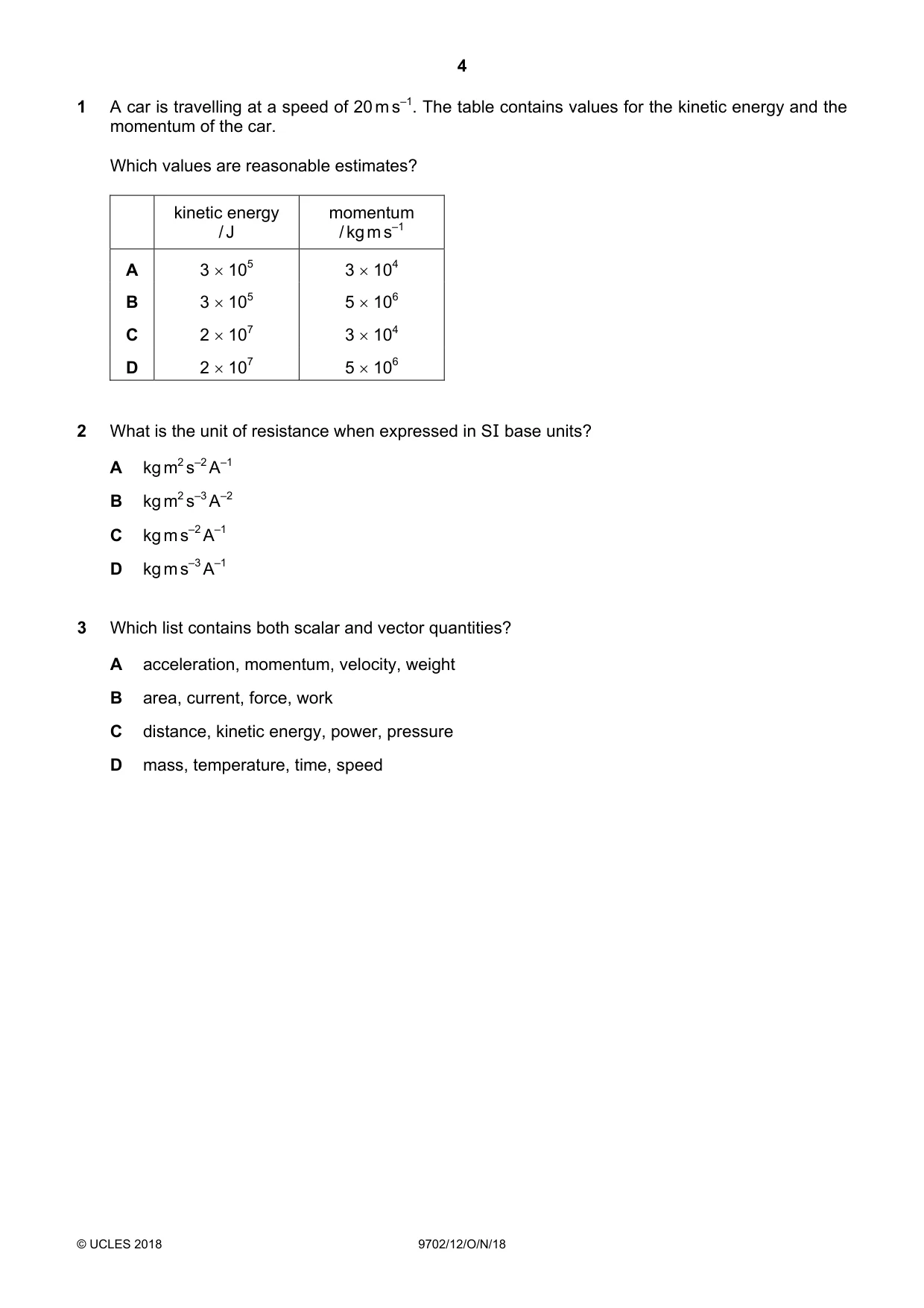 Cambridge A Level Physics 9702 2018 Oct/Nov Paper 1 · Variant 2 question paper, page 4 of 20