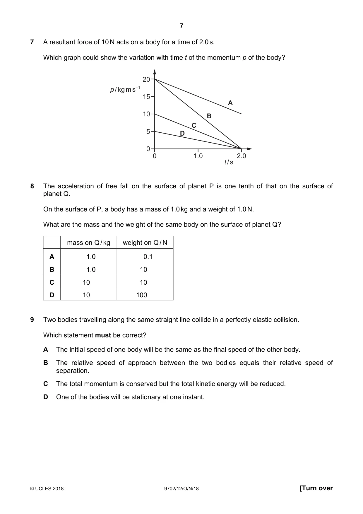 Cambridge A Level Physics 9702 2018 Oct/Nov Paper 1 · Variant 2 question paper, page 7 of 20