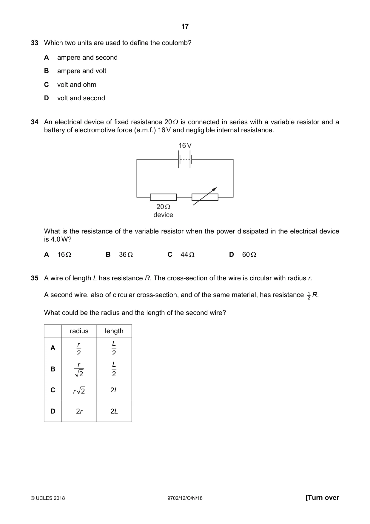 Cambridge A Level Physics 9702 2018 Oct/Nov Paper 1 · Variant 2 question paper, page 17 of 20