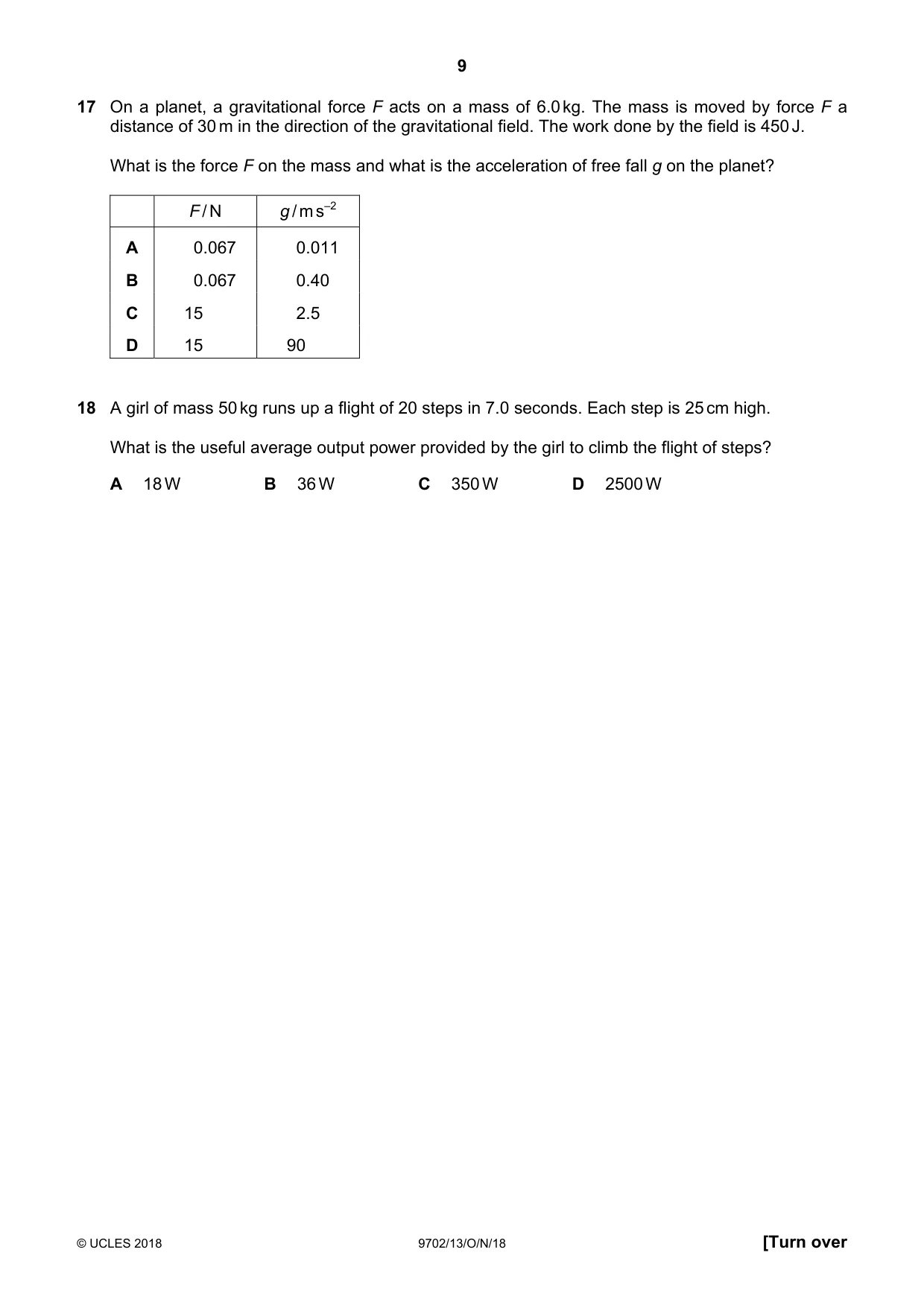 Cambridge A Level Physics 9702 2018 Oct/Nov Paper 1 · Variant 3 question paper, page 9 of 20
