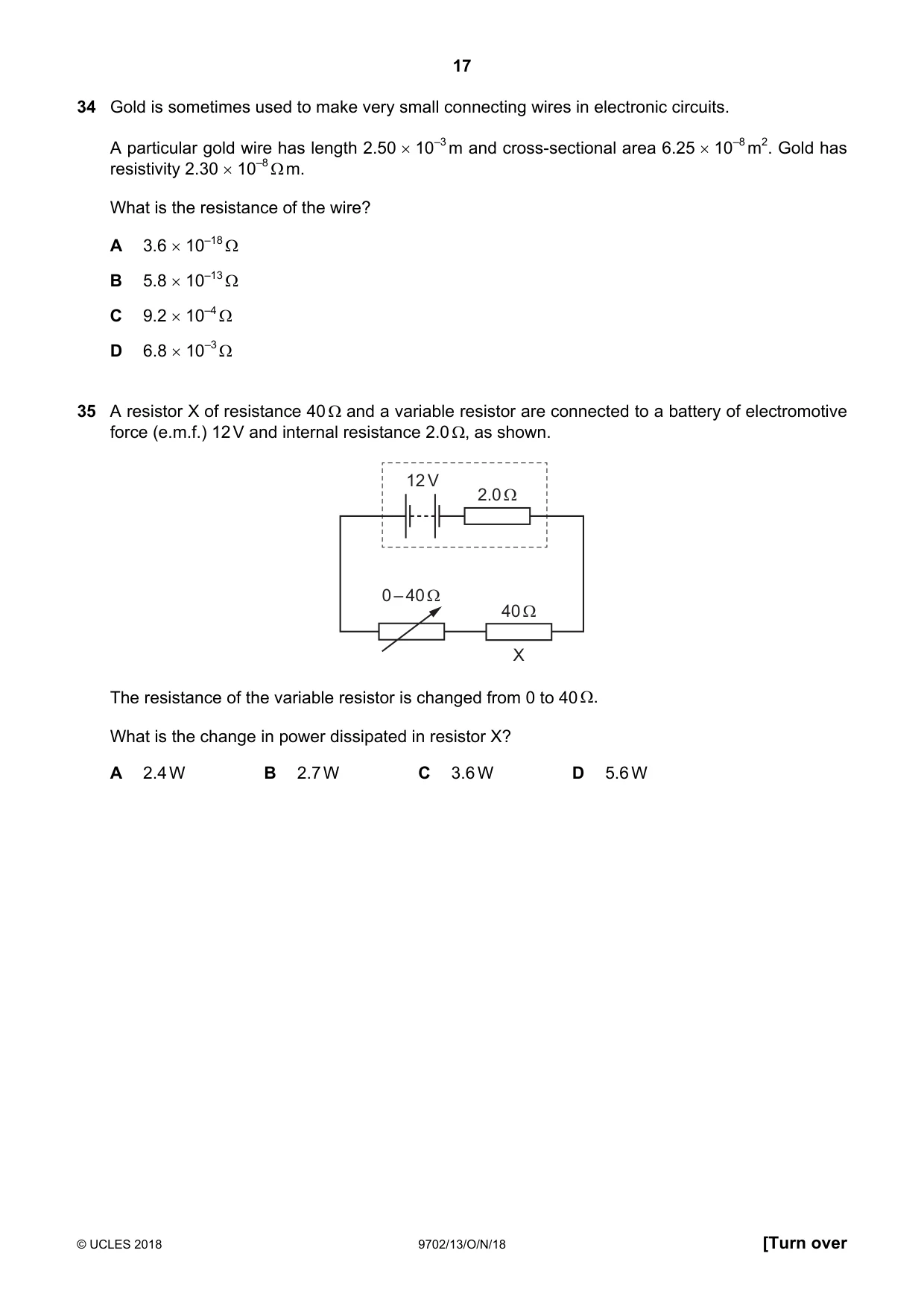 Cambridge A Level Physics 9702 2018 Oct/Nov Paper 1 · Variant 3 question paper, page 17 of 20
