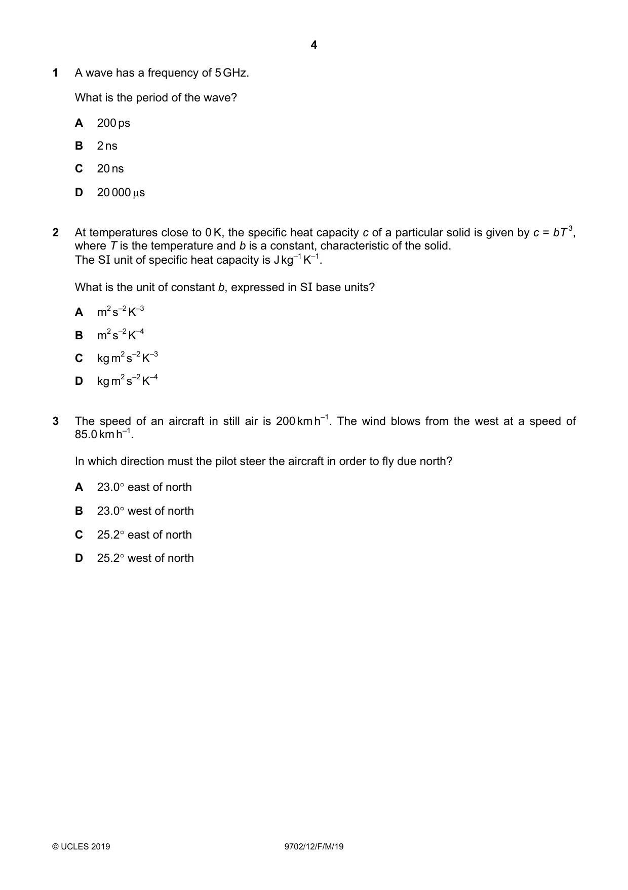 Cambridge A Level Physics 9702 2019 Feb/March Paper 1 · Variant 2 question paper, page 4 of 20