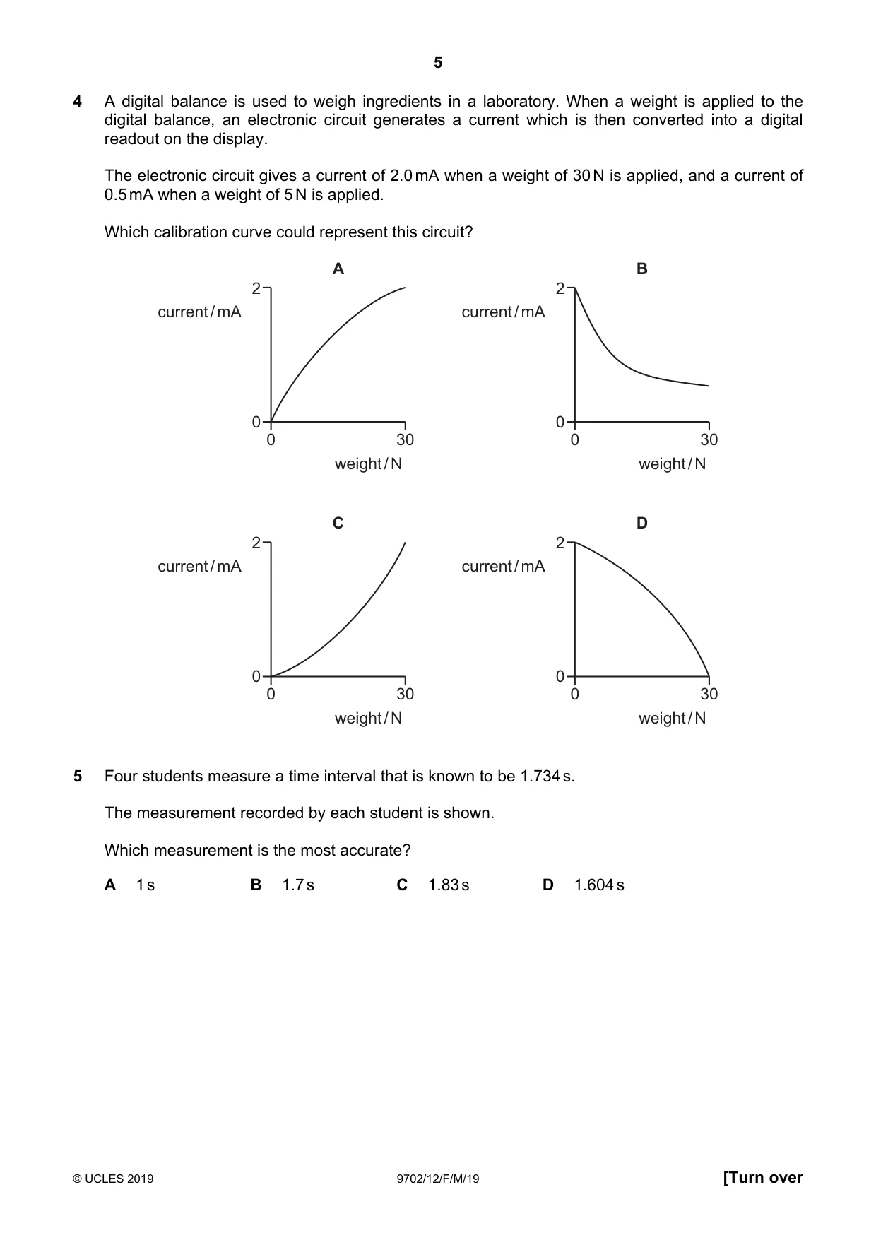 Cambridge A Level Physics 9702 2019 Feb/March Paper 1 · Variant 2 question paper, page 5 of 20
