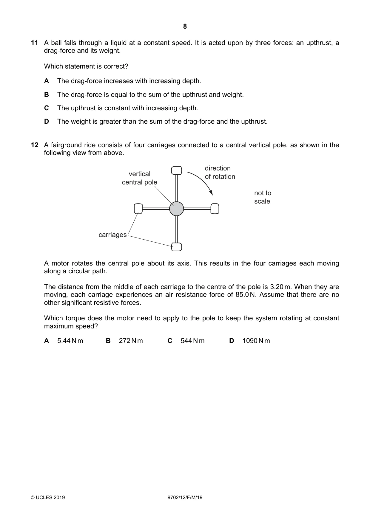 Cambridge A Level Physics 9702 2019 Feb/March Paper 1 · Variant 2 question paper, page 8 of 20