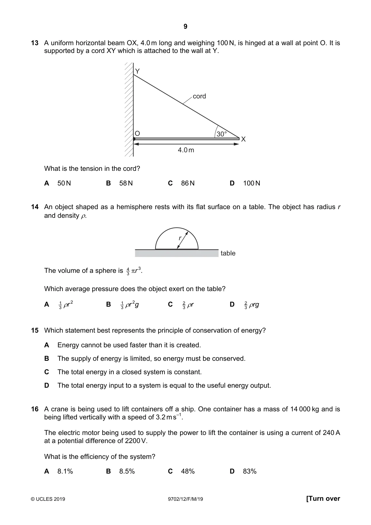 Cambridge A Level Physics 9702 2019 Feb/March Paper 1 · Variant 2 question paper, page 9 of 20