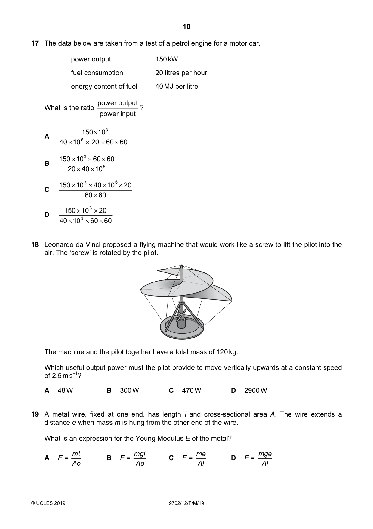 Cambridge A Level Physics 9702 2019 Feb/March Paper 1 · Variant 2 question paper, page 10 of 20