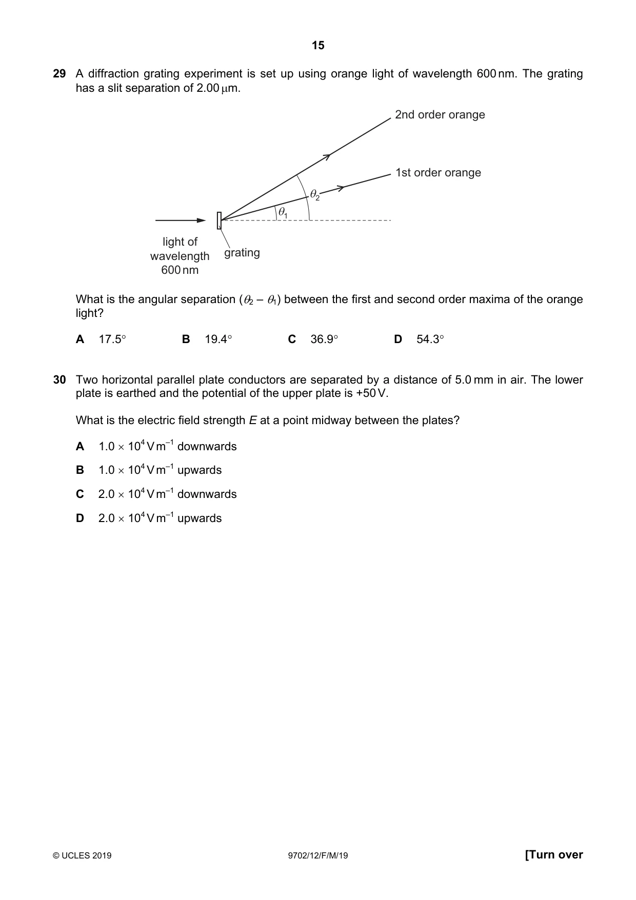 Cambridge A Level Physics 9702 2019 Feb/March Paper 1 · Variant 2 question paper, page 15 of 20