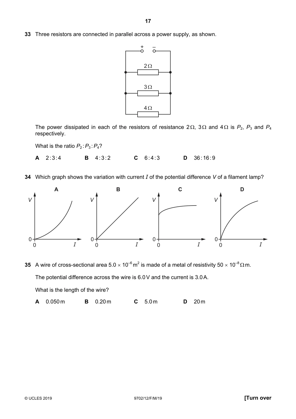 Cambridge A Level Physics 9702 2019 Feb/March Paper 1 · Variant 2 question paper, page 17 of 20