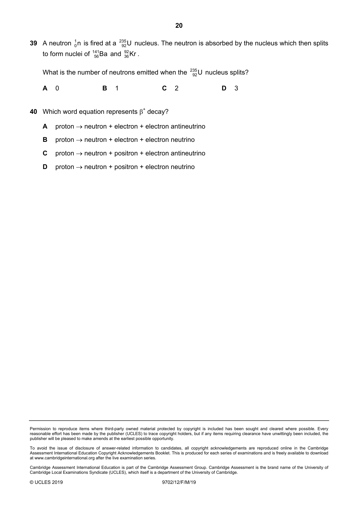 Cambridge A Level Physics 9702 2019 Feb/March Paper 1 · Variant 2 question paper, page 20 of 20